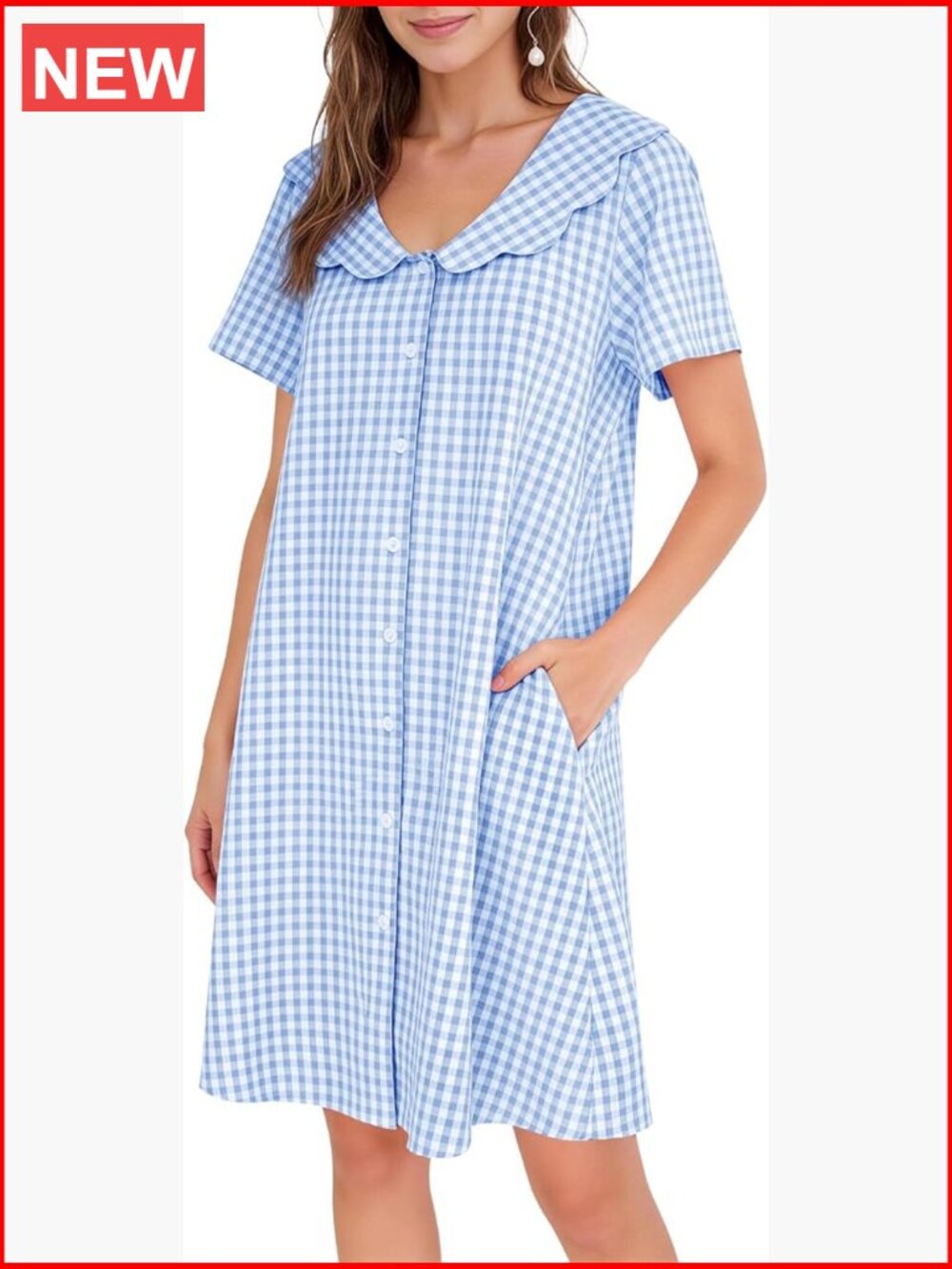 Cotton Nightgown Gingham Scalloped Edge Button Down Pockets